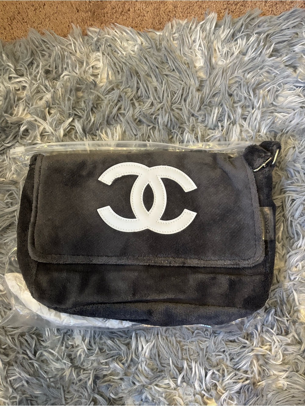 Chanel Gray Suede Crossbody Bag with White Logo